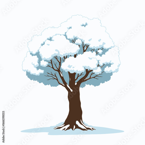 Illustration of a Snow-Covered Tree with Leafless Branches and Fluffy White Snow Against a Clean White Background in a Minimalist Winter Scene