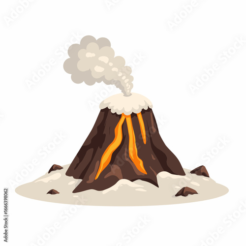 Illustration of an Erupting Volcano with Flowing Lava and Smoke Plume Against a Clear Sky, Capturing the Dynamic Forces of Nature in a Simplified Artistic Style