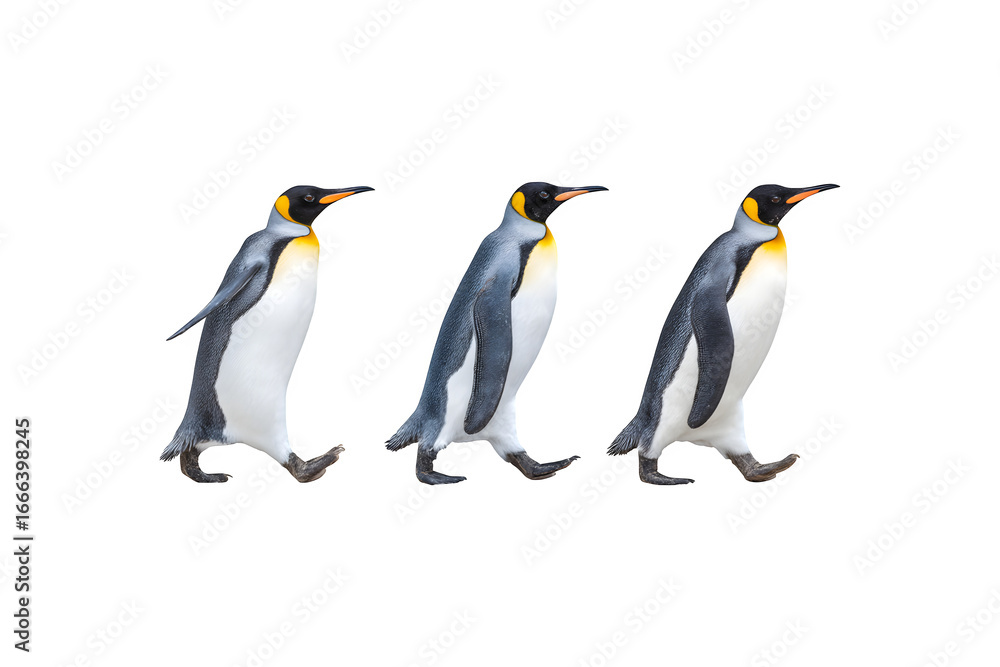 Fototapeta premium Three penguins walking together in a playful manner 