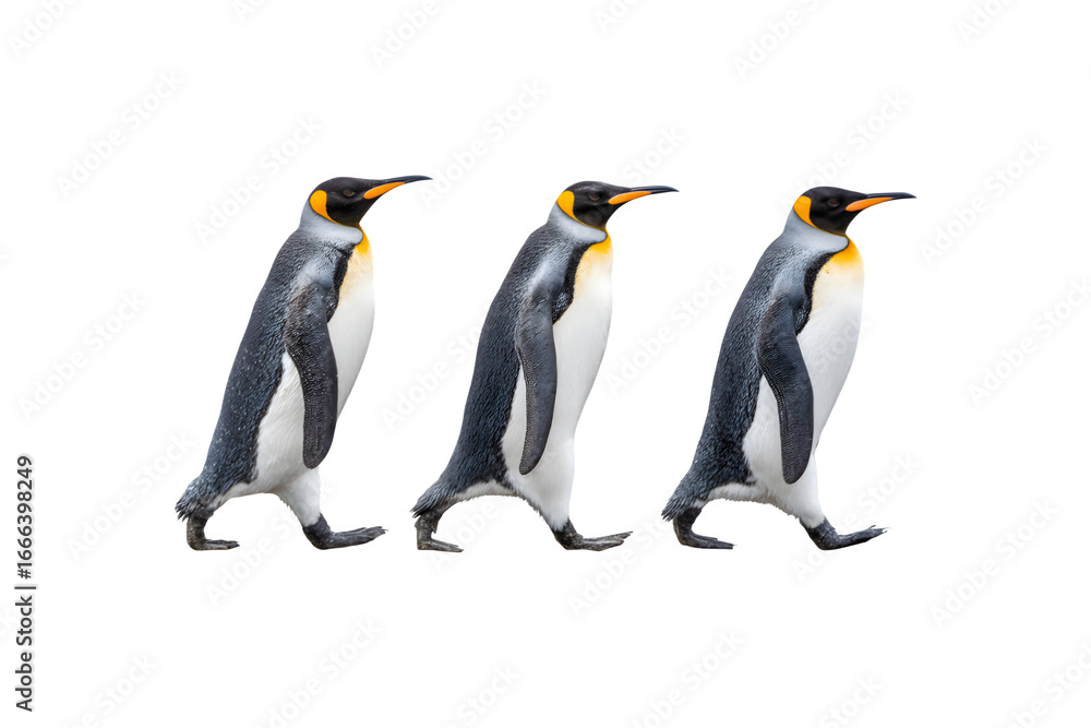 Fototapeta premium Three penguins walking together in a playful manner