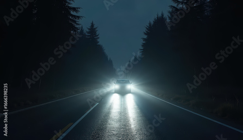 Dramatic road safety illustration showing blinding car headlights at night with a driver’s silhouette shielding their eyes from intense glare. Conceptual visual for awareness campaigns and driving saf