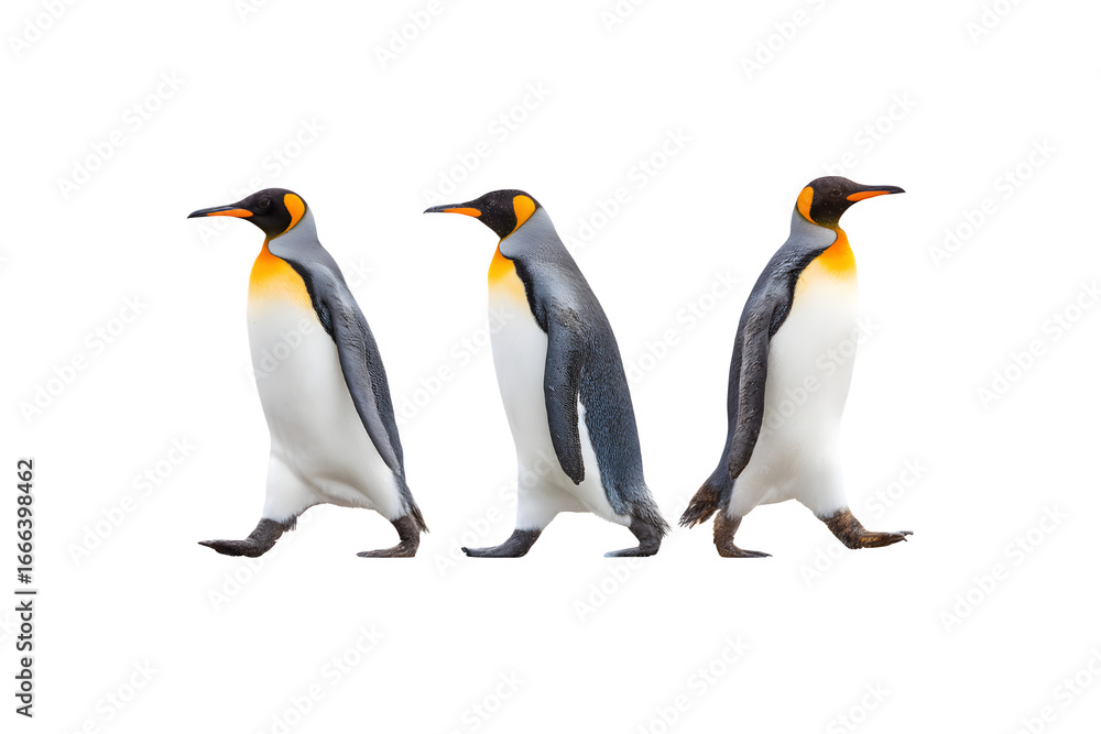 Fototapeta premium Three penguins walking together in a playful manner 