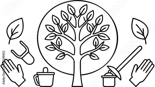 Illustration of a tree surrounded by leaves gloves and gardening tools in black and white outline