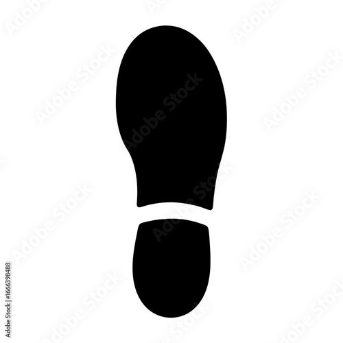 A single black shoe print or footprint on a white background