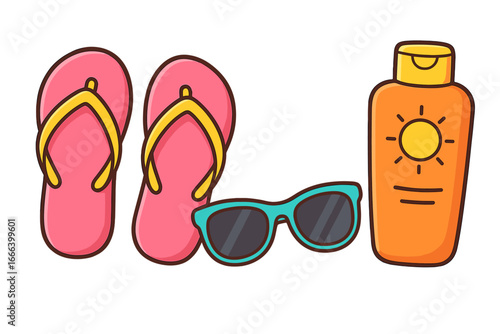 Summer vacation beach accessories icon set. Vector cartoon illustration with flip flops, sunglasses, and sunblock. Holiday essentials for sun protection and travel concept.