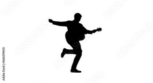 Silhouette of a man playing guitar and dancing on a black background in a dynamic pose