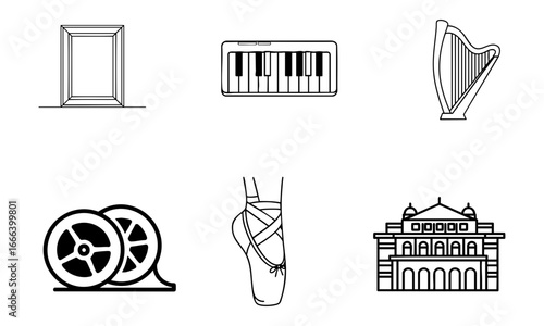 Illustration showcasing elements of performing arts including music, dance, film and theatre arts