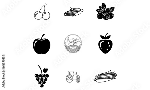 Illustration of various fruits and vegetables including cherries corn blueberries apple strawberry grapes and tractor