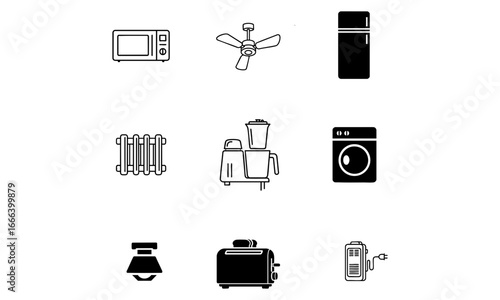 Illustration showing a microwave, ceiling fan, refrigerator, radiator, and other household appliances