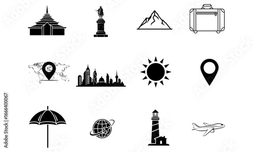 Illustration showing travel icons including temple statue mountain suitcase and world map landmark