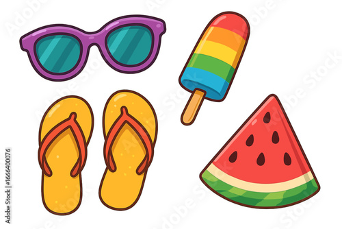 Summer vacation beach accessory set. Vector cartoon icons. Sunglasses, flip flops, sandals, lgbt pride rainbow popsicle ice cream, watermelon. Isolated holiday elements.