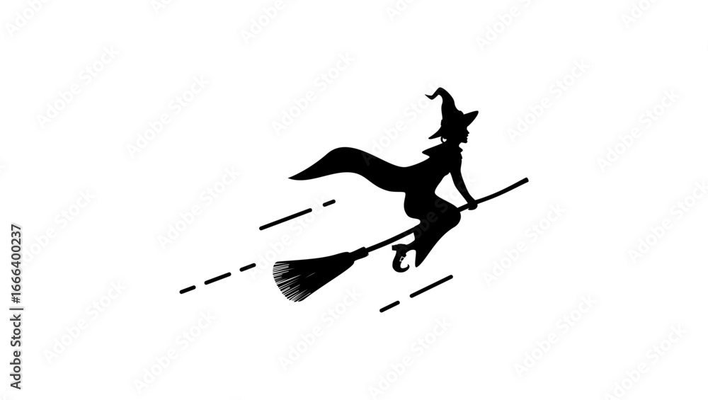 Fototapeta premium Witch Flying On A Broom, black isolated silhouette