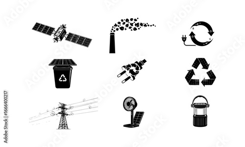 Illustration showing satellite, factory, recycle, solar panel bin, plug, power line and solar fan