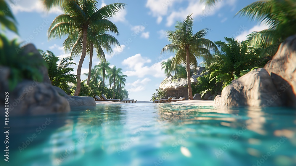 Obraz premium Tropical paradise river with palm trees and sunlight high resolution picture
