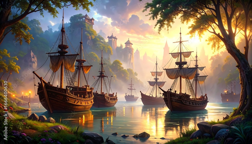 Obraz premium Fantasy Ships at Sunrise in a Majestic Coastal Setting.