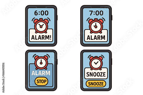Smartphone alarm clock app interface set. Mobile phone screen with wake up alert, snooze button, and stop function for morning routine. Time management concept vector.