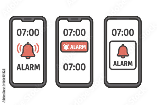 Smartphone alarm clock notification set. Mobile phone screen with a wake up alert for the morning routine. Time management and reminder concept. Digital display with a bell icon.