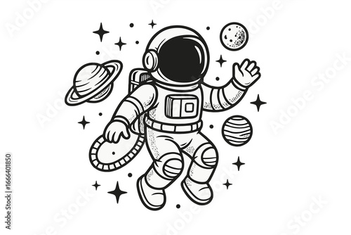 Astronaut in space cartoon vector illustration. Spaceman exploring cosmos with planets and stars. Galaxy adventure concept. Science fiction character floating in universe.