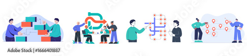set of strategic planning vector illustrations, business team organizing workflow with kanban and flowchart, project management and agile methodology