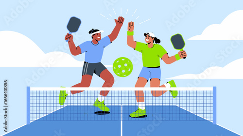 pickleball players celebrating victory with a high-five vector illustration