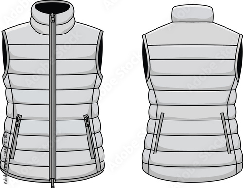 sleeveless puffer vest fashion Front and back view of a padded illustration