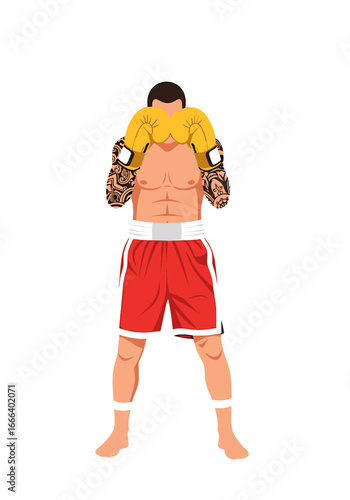 Vector illustration of a muscular tattooed boxer in a defensive guard pose against a white background.