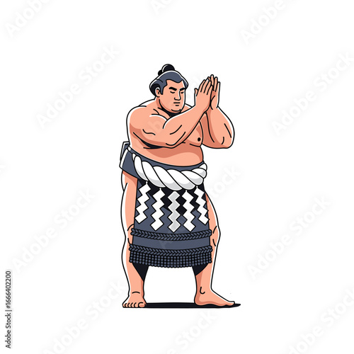 Illustration of a sumo wrestler in traditional attire, hands clasped in a gesture of respect or prayer.