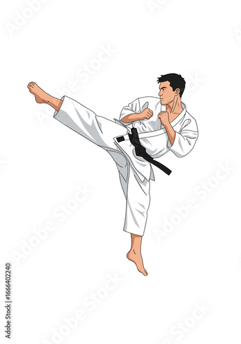 An illustration of a male martial artist in a white gi and black belt performing a high side kick.