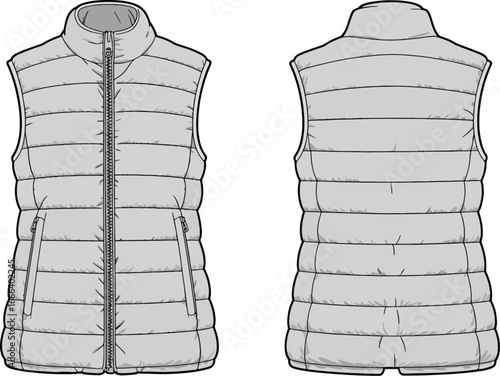 sleeveless puffer vest Front and back view of a long puffer vest fashion illustration