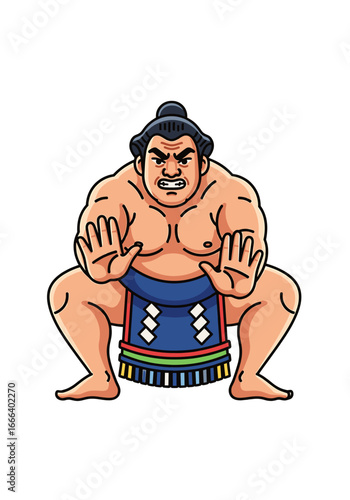 Cartoon illustration of a sumo wrestler in a traditional stance, ready to fight.