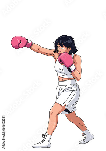 Female boxer in action, delivering a punch.