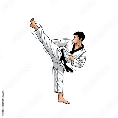 A male Taekwondo athlete performing a powerful high kick.