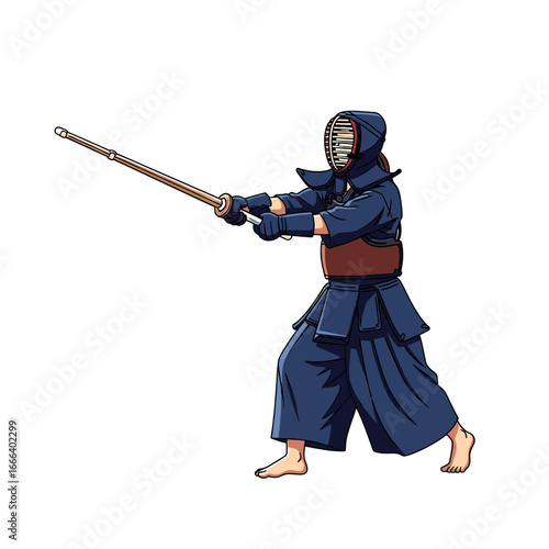 A person in traditional kendo armor and helmet holding a bamboo sword, ready for combat.