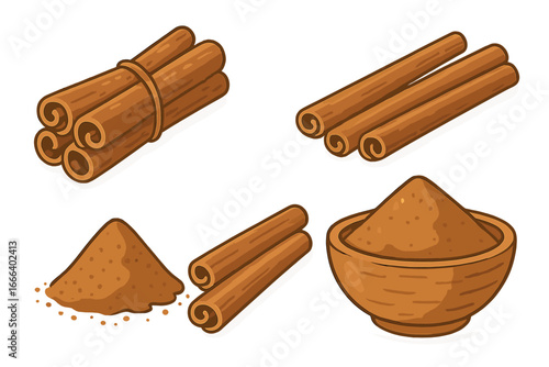 Cinnamon sticks and powder vector set. Aromatic spice for cooking, baking. Collection of cartoon illustrations with tied bunch, loose sticks, powder pile and wooden bowl.