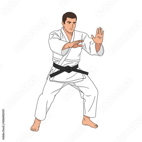A man in a white gi with a black belt performs a defensive stance in a martial arts discipline.