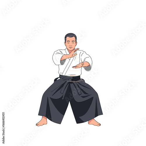 A man in a white uniform and black hakama demonstrates an Aikido stance, ready to perform a technique.