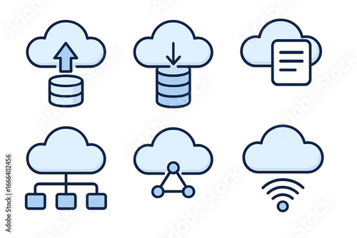 Cloud computing technology icon set. Data management, database, server storage, network connection. Digital transfer, upload, download, wifi, hosting. Vector symbols.