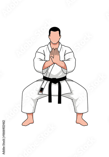 Karate practitioner in a traditional stance, wearing a gi and black belt.