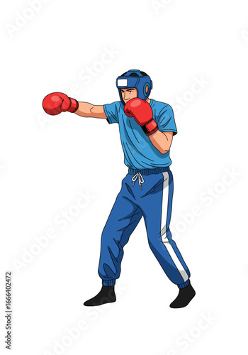 A male boxer in action, wearing blue uniform and red gloves, striking a punch.