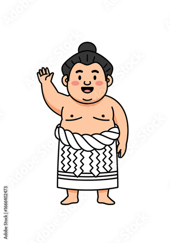 A cute cartoon illustration of a sumo wrestler waving.