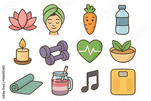 Health and wellness icon set. Collection of relaxation, fitness, and self-care essentials for a balanced lifestyle. Vector cartoon illustration with yoga, food, and gym symbols.