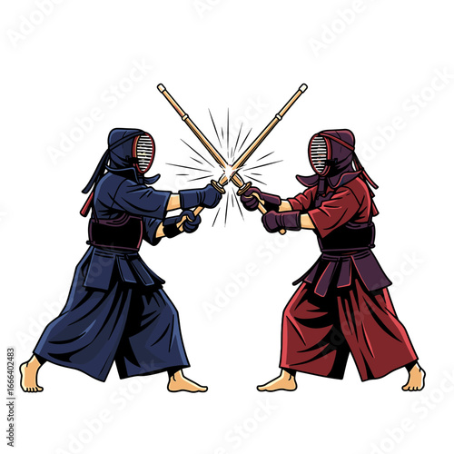 Two Kendo fighters in traditional armor clashing their bamboo swords during a martial arts duel.