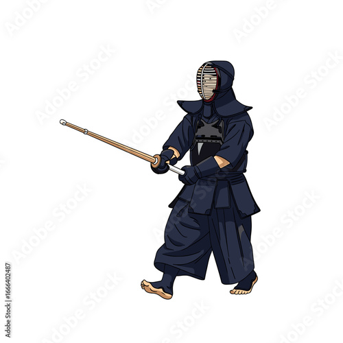 A kendo practitioner in full protective gear, holding a shinai, ready for combat.