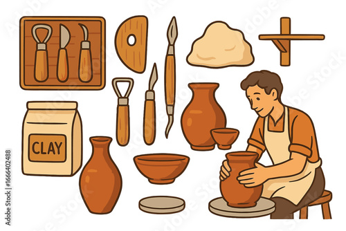 Pottery making set with artisan character. Man sculpting on potter's wheel. Collection of clay art tools, ceramic vase, and bowl. Handmade craft hobby concept vector illustration.