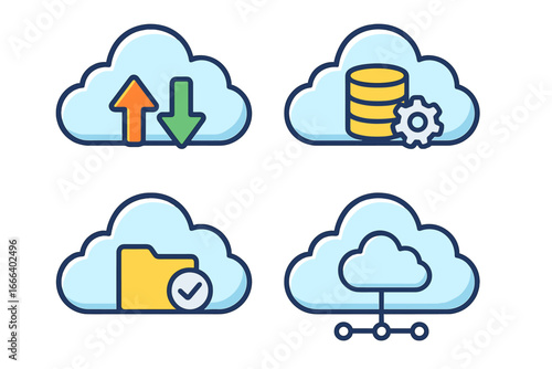 Cloud computing icon set. Data management, network connectivity, and digital file transfer. Concepts for online database, server hosting, data sync, upload and download.