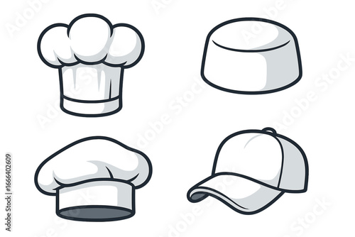 Chef hat vector set. Collection of cook caps for culinary professionals. Toque, baker, and kitchen staff headwear icon. Restaurant uniform element. Cartoon illustration.