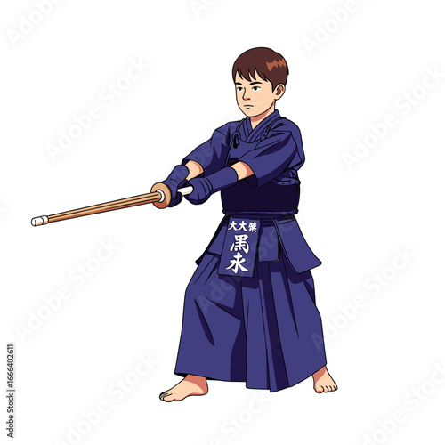 Young boy practicing Kendo, a Japanese martial art, holding a bamboo sword (shinai) in a traditional uniform.