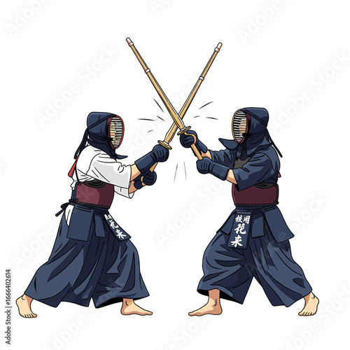 Two Kendo practitioners in full protective gear crossing bamboo swords during a practice or match.