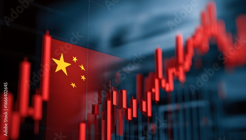 Fototapeta Naklejka Na Ścianę i Meble -  A red stock market graph with the china flag in front of it, representing global economic trends and tech investors' financial news.