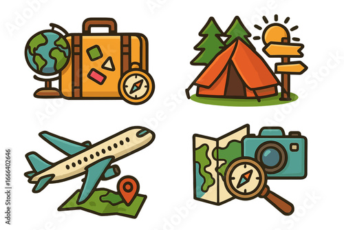Travel and adventure icon set. Vector cartoon illustrations for tourism, vacation and exploration concepts. Includes suitcase, globe, plane, tent, map, camera and compass.